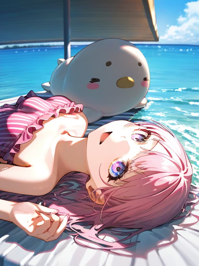  ultra detailed:1.2,masterpiece:1.2,best quality,masterpiece,bestquality,hdr:1.1,8k:1.1,very cute girl:1.3,(pink color,frill ,swimwear:1.6),(lying on side,at striped float bed on sea:1.8) ,smile:1.4 ,(blonde hair,twin tail,drill hair:1.3) ,(on the sea:1.7),upper body:1.3,dutch angel:1.5,open mouth,(upside down:1.7)(from above:1.1)((eyes highlight:1.1))