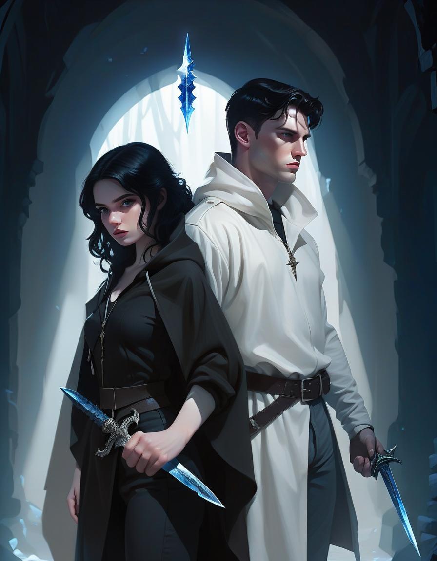  a girl and a man are standing in the center of the composition, back to back. the man is on the right, the girl is on the left. side view. the man is dressed in a white military dress uniform, the girl is dressed in black pants, a black shirt and a hooded cloak. the man has short black hair, the girl has long, slightly wavy black hair. the girl is holding a dagger in her left hand. the light falls from the upper right corner, the shadow of the man falls on the girl. the background is dark. a blue crystal glows on the girl's neck. fantasy. middle ages. pale skin, hkmagic