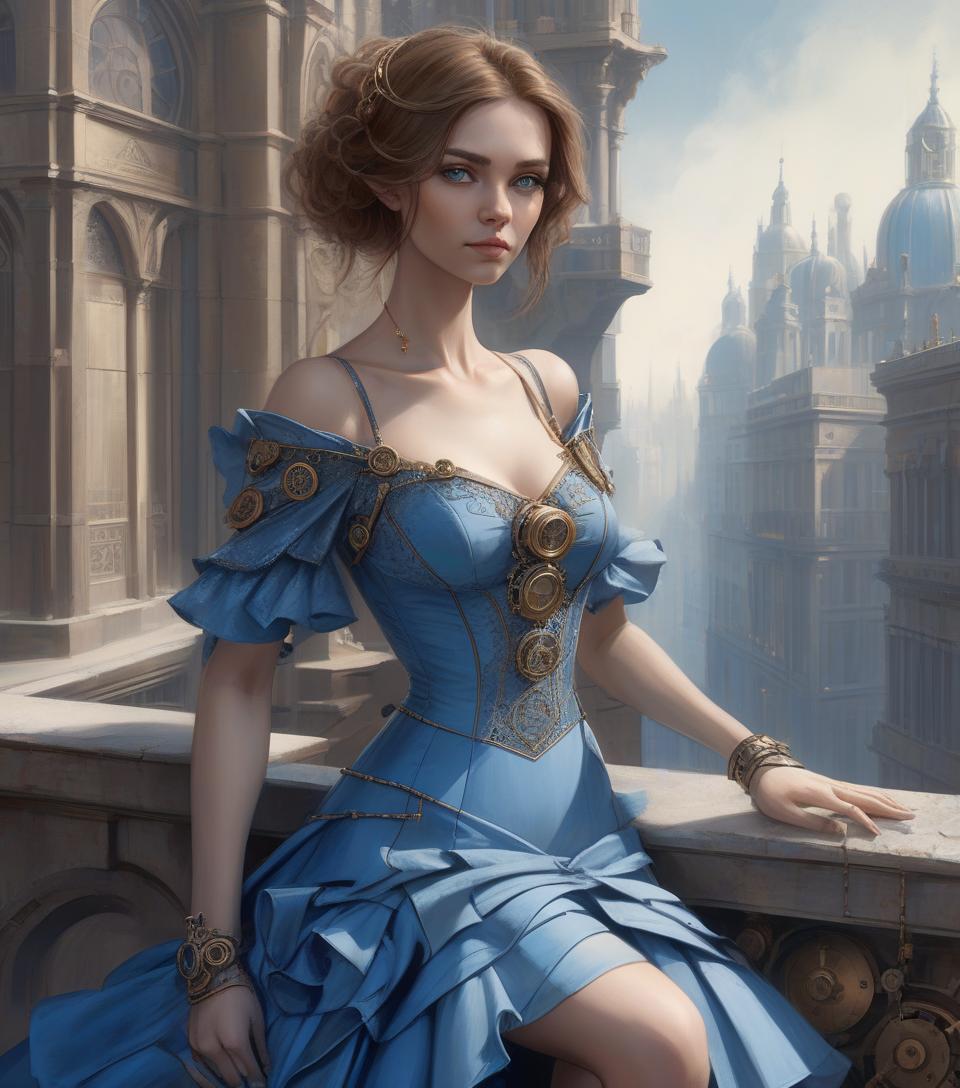  close up, woman, blue dress, perched on ledge, digital painting by david roberts, fantasy art, portrait, steampunk influence, intricate details, high quality digital render.