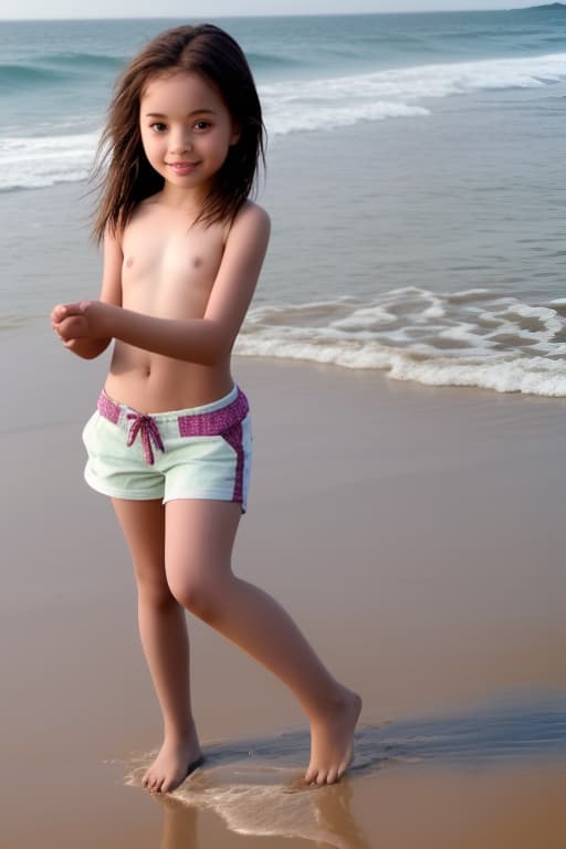  girl child wearing only shorts playing on beach