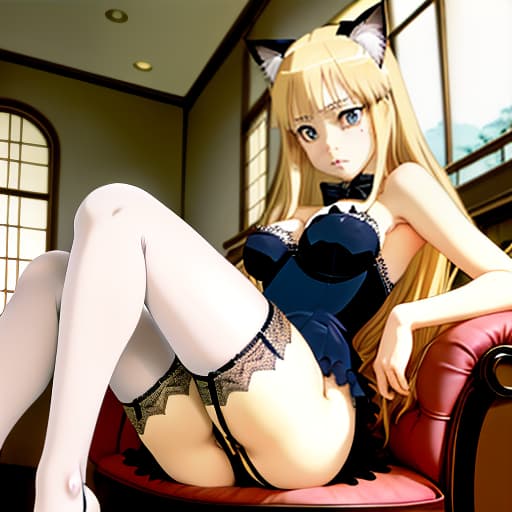  blonde with cat ears. in lace underwear and stockings. it's full height. big anime eyes. good face., manga big eyes expressive faces colorful hair hayao miyazaki masashi kishimoto makoto shinkai clamp yoshiyuki sadamoto