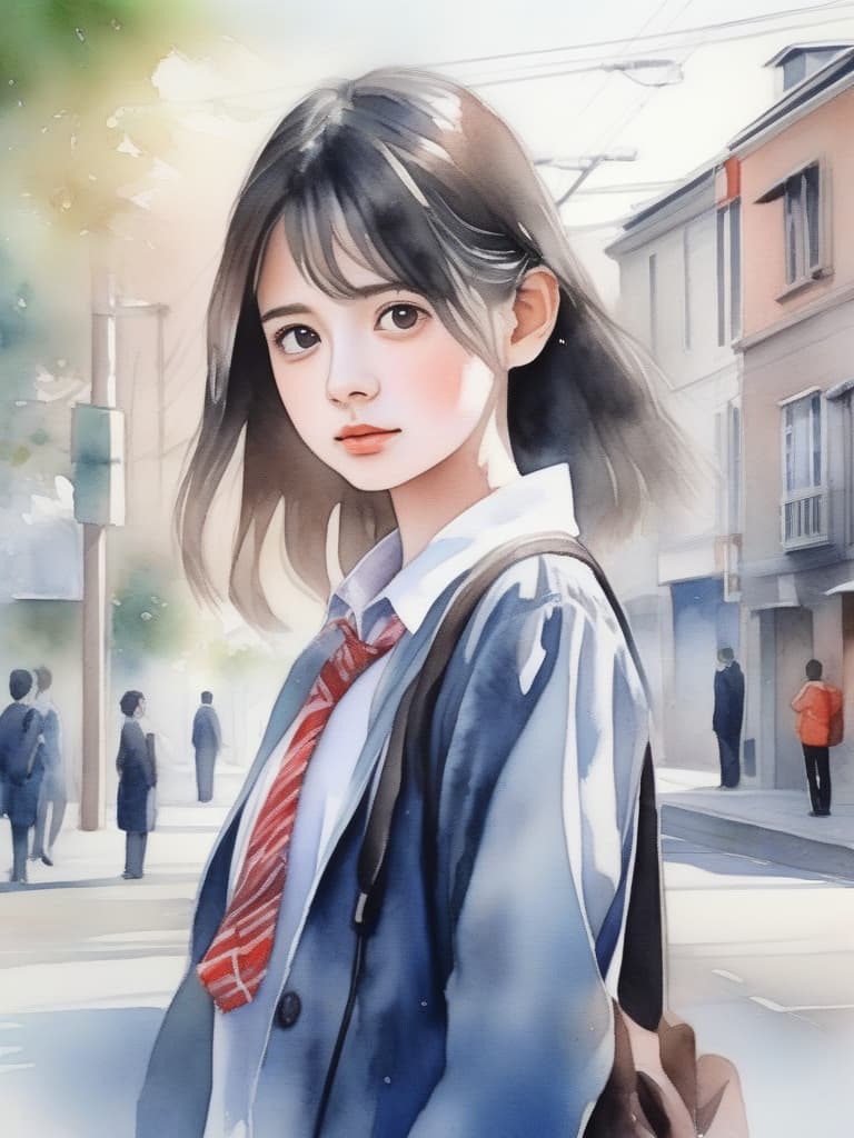  high school girl blazer uniform beautiful girl, after returning from school, standing upright street corner walk, watercolor painting light color, black hair, masterpiece, best quality,8k,ultra detailed,high resolution,an extremely delicate and beautiful,hyper detail