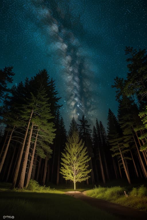  growing forest in night time, flyer flies, shooting star, advertising photo,high quality, good proportion, masterpiece , the image is captured with an 8k camera