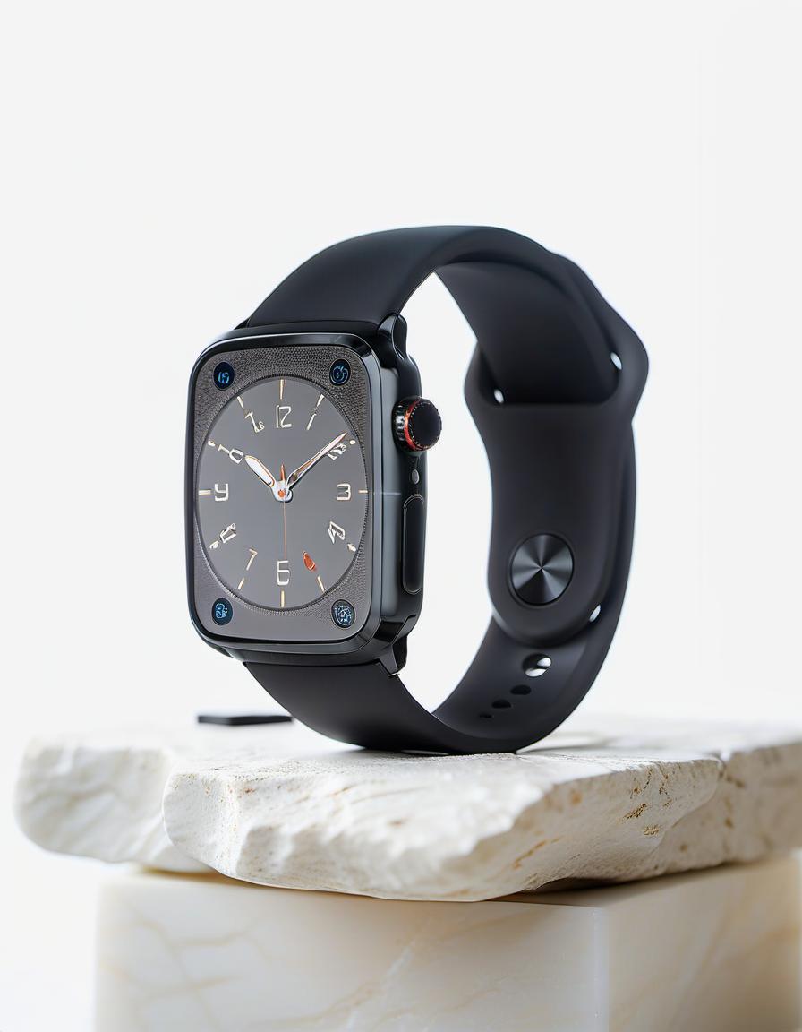  smart watch on white stone, light background, stone as a stand for demonstrating watches, film photography style