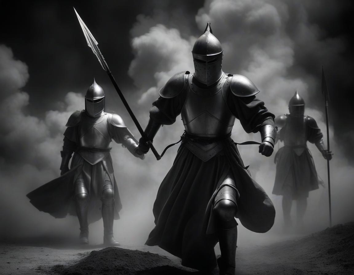  film noir style angels are young men in armor, without faces, many, each with a spear in his hand, fighting in the fiery heavens, red lightning. . monochrome, high contrast, dramatic shadows, 1940s style, mysterious, cinematic