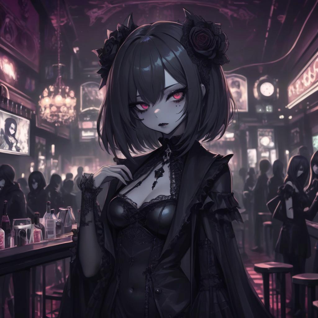  macabre style anime girl in a night club . dark, gothic, grim, haunting, highly detailed