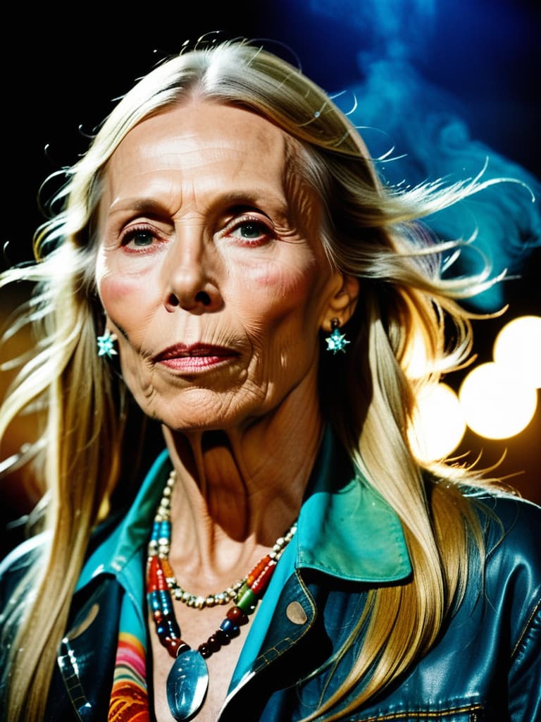  Country singer Joni Mitchell, medium shot, upper body, spotlight, long exposure lighting, street art style spray paint, glamour lighting