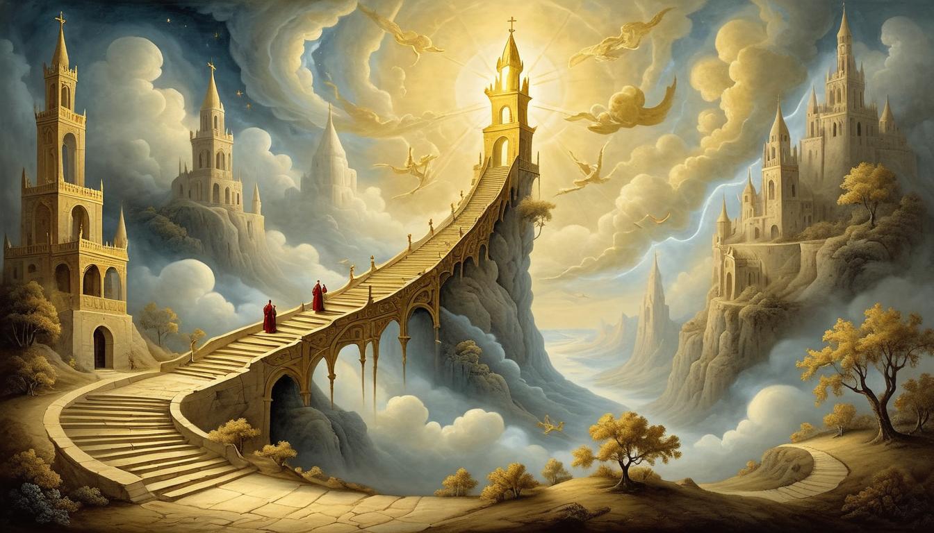  on parchment, surrealism+++, golden ladder reaching towards the heavens, glowing, unbroken ascent, divine path, heavenly(mysterious, provocative, symbolic,muted color)+++