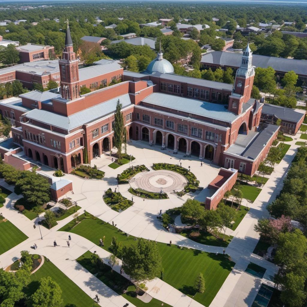  aerial view of a wealthy high school with outdoor courtyard and multi level arches with a grand entrance curb appeal , mystical style