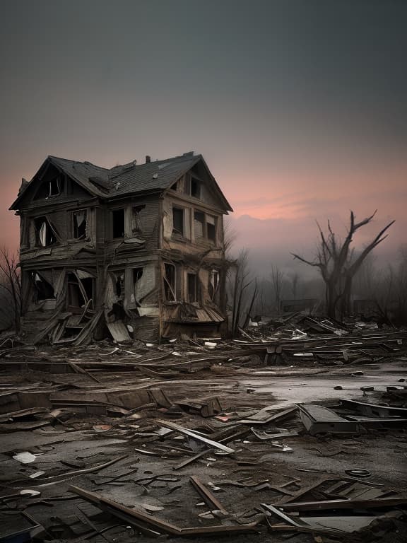  the pre dawn sky illuminates a post apocalyptic scene of destruction, where abandoned wooden and stone houses lay in ruins. the image, whether a painting or photograph, captures the eerie stillness and desolation of the aftermath. decaying structures crumble under soft, pastel hues as nature slowly reclaims its territory, highlighting the contrast between serene beauty and haunting decay. this highly detailed and atmospheric depiction transports viewers to a world of melancholic nostalgia and faded memories.