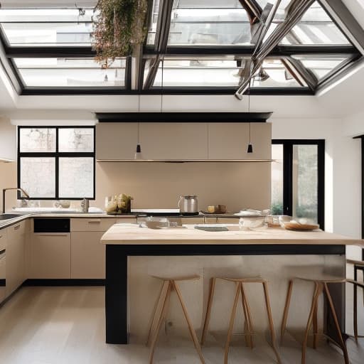 dvarchmodern stylish cozy kitchen, loft style, in beige tones, with a dark frame, with a large window