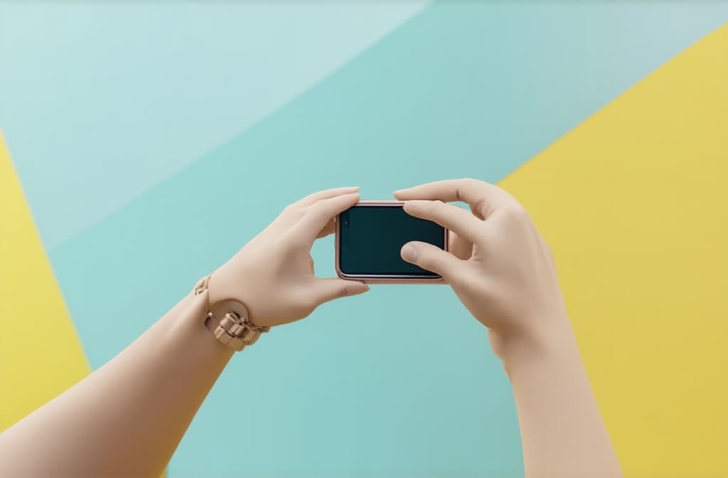  3d rendering mannequin hands holding smartphone gadget, electronic device isolated on colorful pastel background, minimal concept, simple clean design. remote control. prosthetic limb ar 3:2, (natural skin texture), highly detailed face, depth of field, hyperrealism, soft light, muted colors