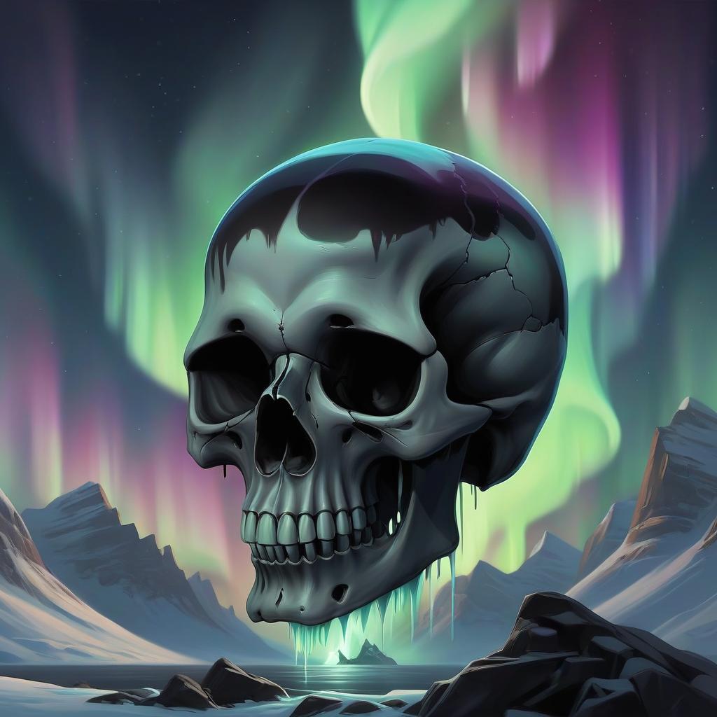  against the background of the northern lights, the skull soars and a black liquid flows out of it