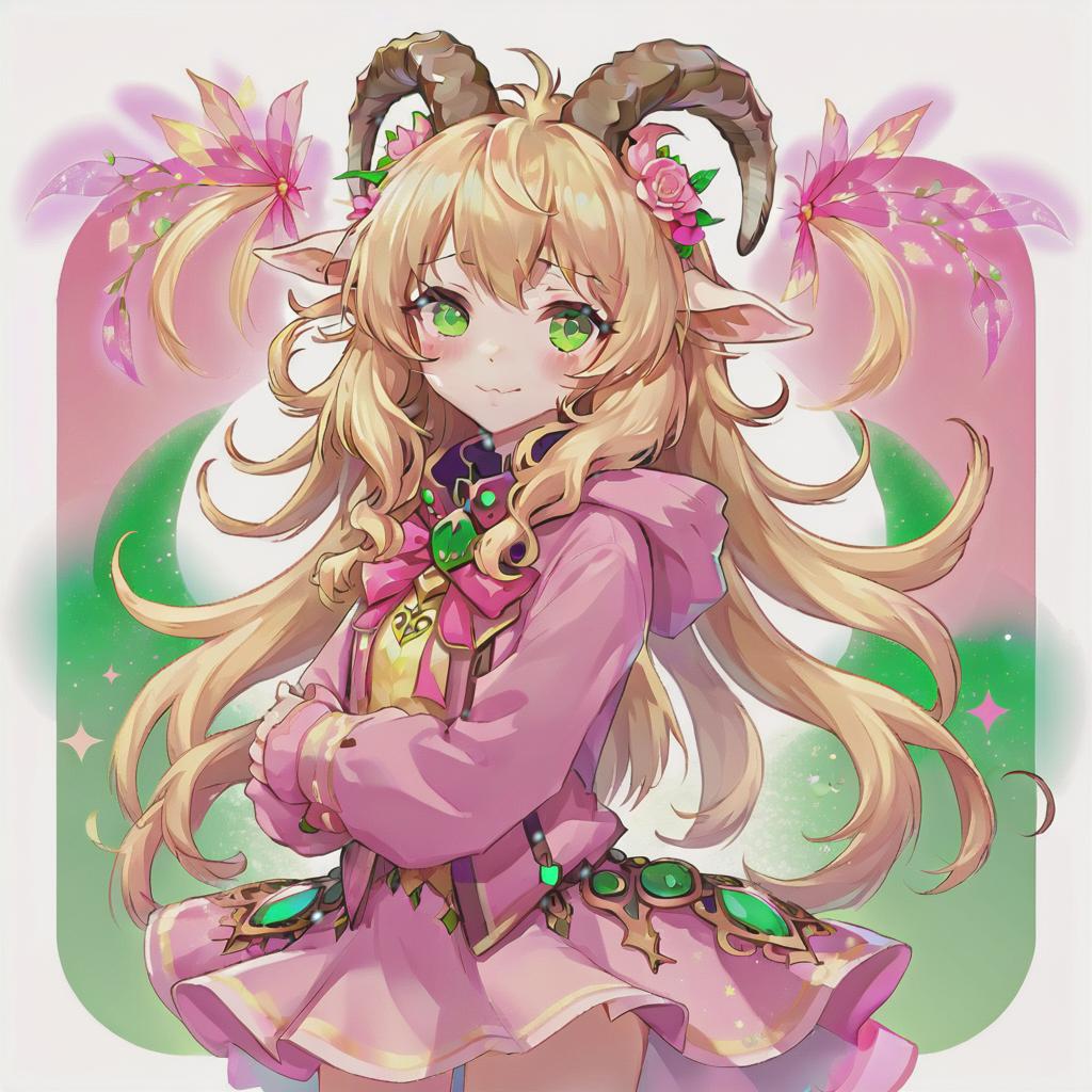  anime artwork anthropomorphic goat, blonde, long hair, curls, bangs, dressed in fairy core style, green eyes. a picture is an avatar for vitubing, neutral color background, pink blush . anime style, key visual, vibrant, studio anime, highly detailed