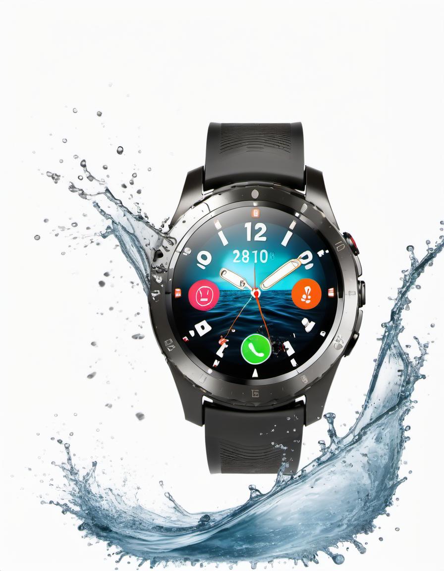  smart watch on a white background, around water splash, film photography style