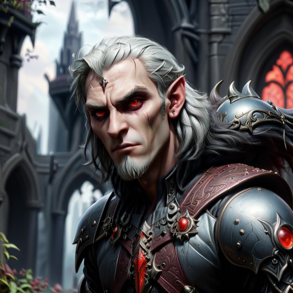  gothic style drow male elf cleric, graphite color skin, red eyes, silver medium haircut, black leather armor, mace, impudent arrogant rude grimace, travelers shoulder bag, dark cathedral background . dark, mysterious, haunting, dramatic, ornate, detailed, civitai