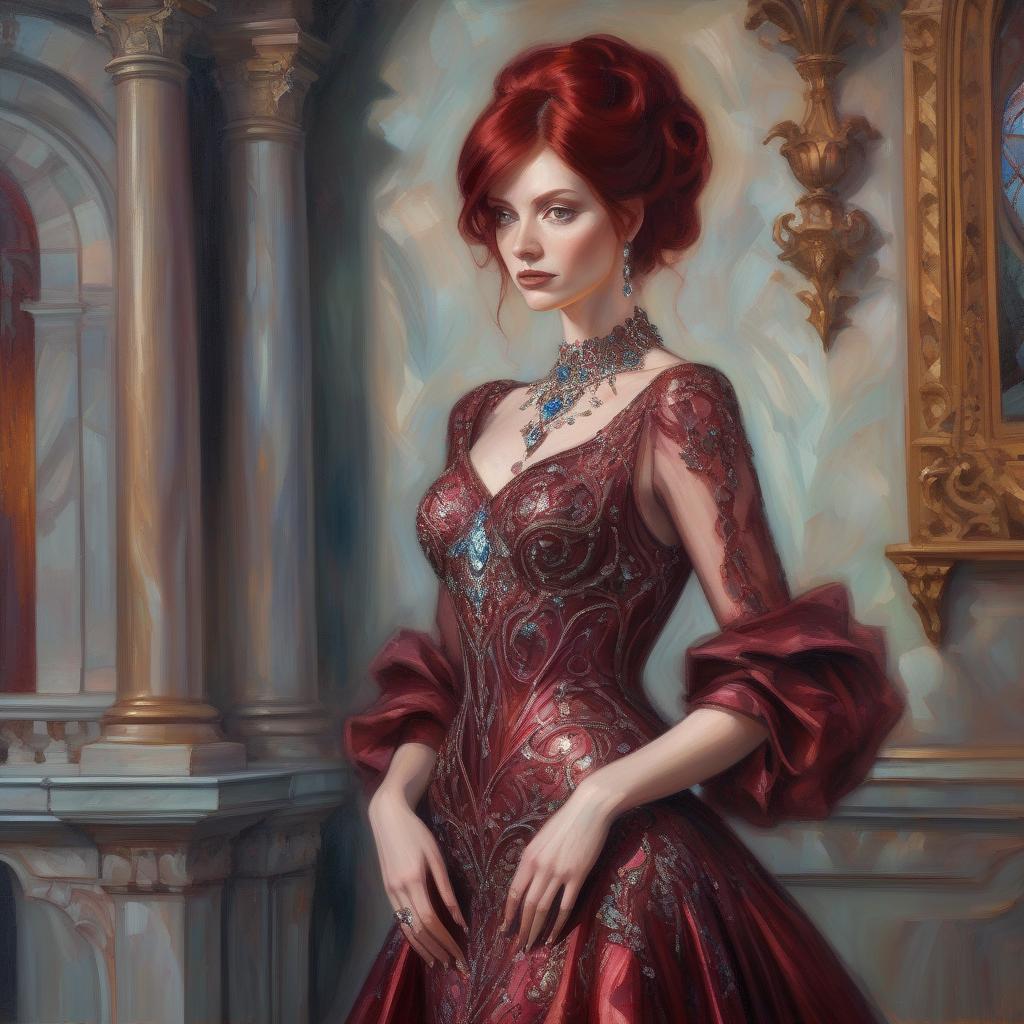  dark red haired woman, bejeweled ornate iridescent gown, elegant gothic style palace, oil painting, impressionist style