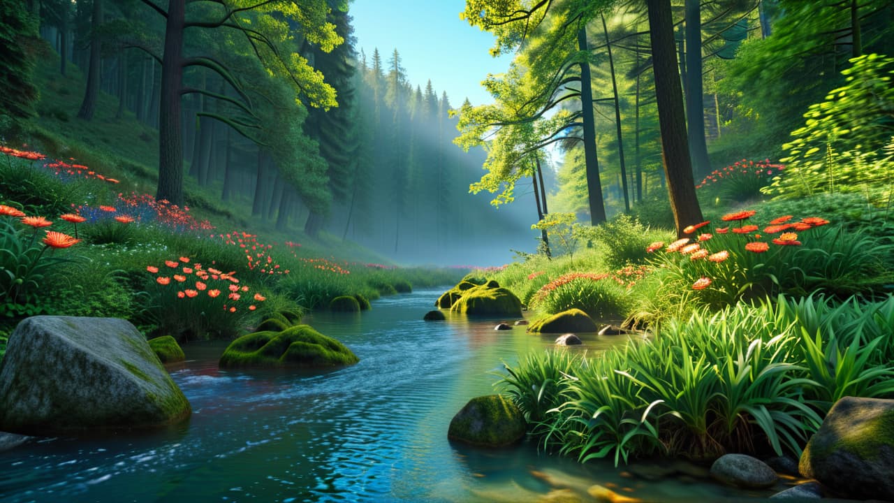  a serene landscape showcasing a lush forest, vibrant flowers, a clear blue sky, and a tranquil river, with people practicing mindfulness and connecting with nature, symbolizing harmony and balance in environmental wellness. hyperrealistic, full body, detailed clothing, highly detailed, cinematic lighting, stunningly beautiful, intricate, sharp focus, f/1. 8, 85mm, (centered image composition), (professionally color graded), ((bright soft diffused light)), volumetric fog, trending on instagram, trending on tumblr, HDR 4K, 8K