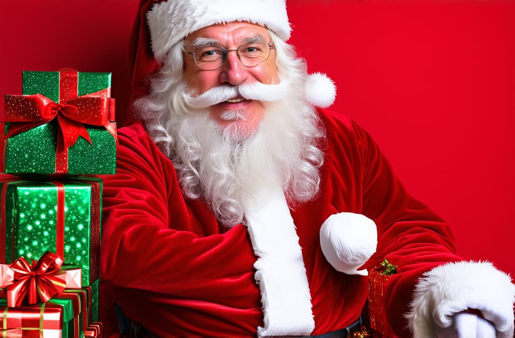  professional detailed photography, santa claus with a lot of gifts on a red background ar 3:2, (muted colors, dim colors, soothing tones), (vsco:0.3)