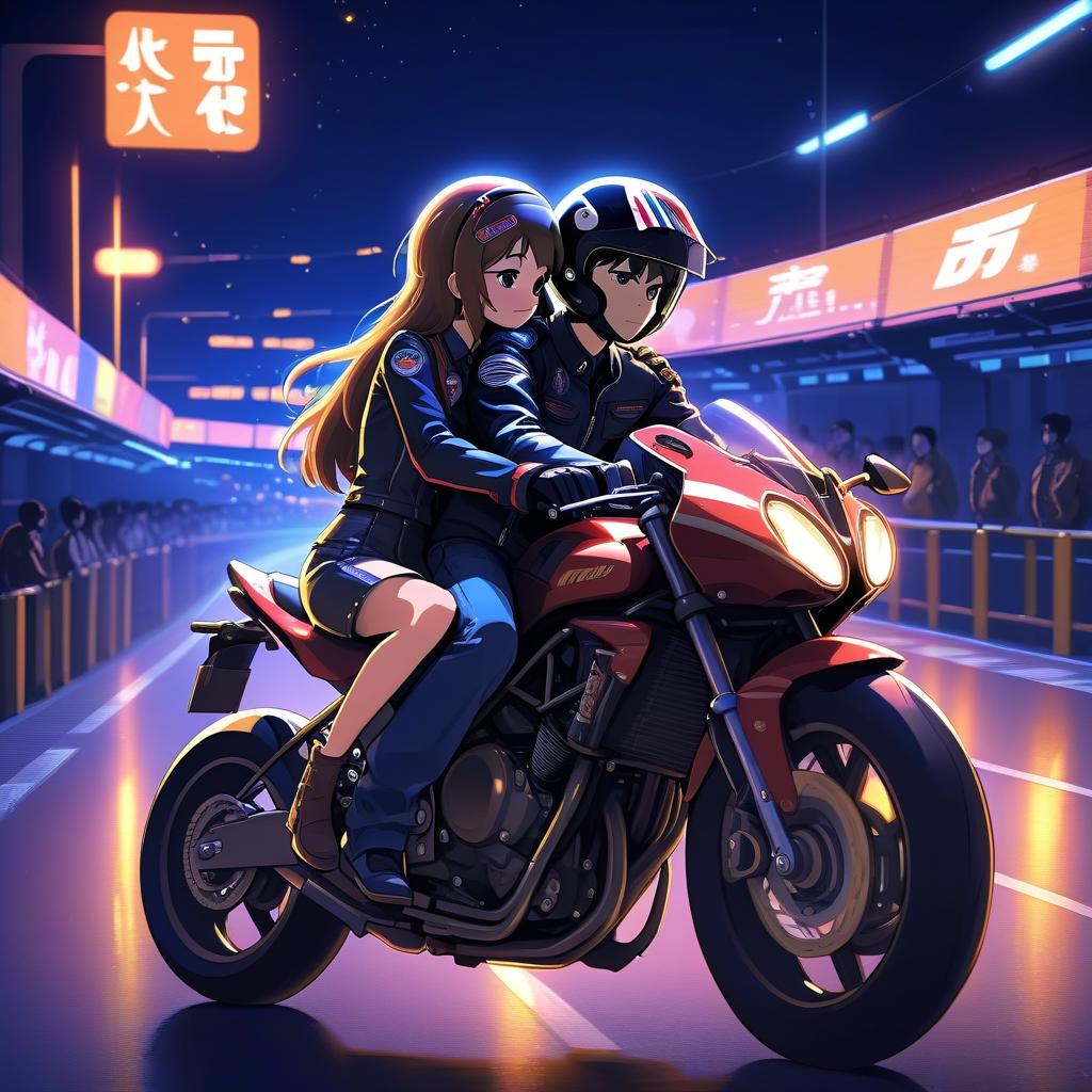  anime artwork at the wheel of a motorcycle sits a guy in a motorcycle helmet, and behind him sits a girl and hugs him, amid the night lights of an empty track. the picture should show the pair from the side, we see them riding a motorcycle . anime style, key visual, vibrant, studio anime, highly detailed