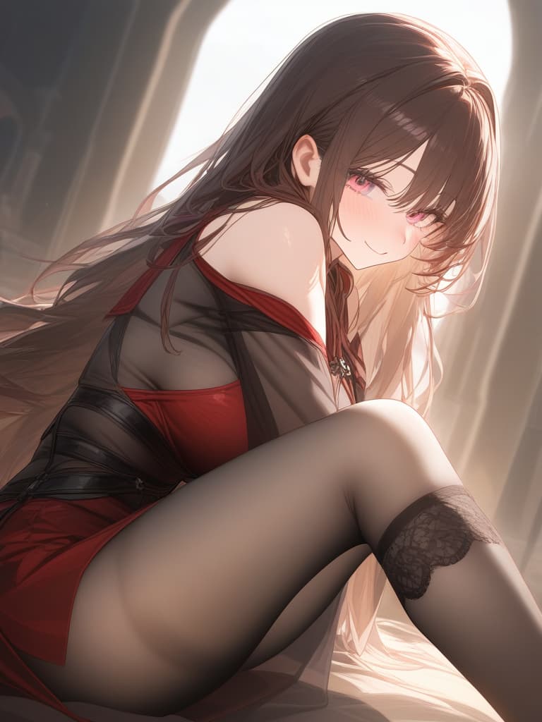  super long long hair, in the castle, pin heel, pink eyes, smiling, beautiful girl, garter stocking net tights, legs, brown hair, red chinese clothing, masterpiece, best quality,8k,ultra detailed,high resolution,an extremely delicate and beautiful,hyper detail hyperrealistic, full body, detailed clothing, highly detailed, cinematic lighting, stunningly beautiful, intricate, sharp focus, f/1. 8, 85mm, (centered image composition), (professionally color graded), ((bright soft diffused light)), volumetric fog, trending on instagram, trending on tumblr, HDR 4K, 8K