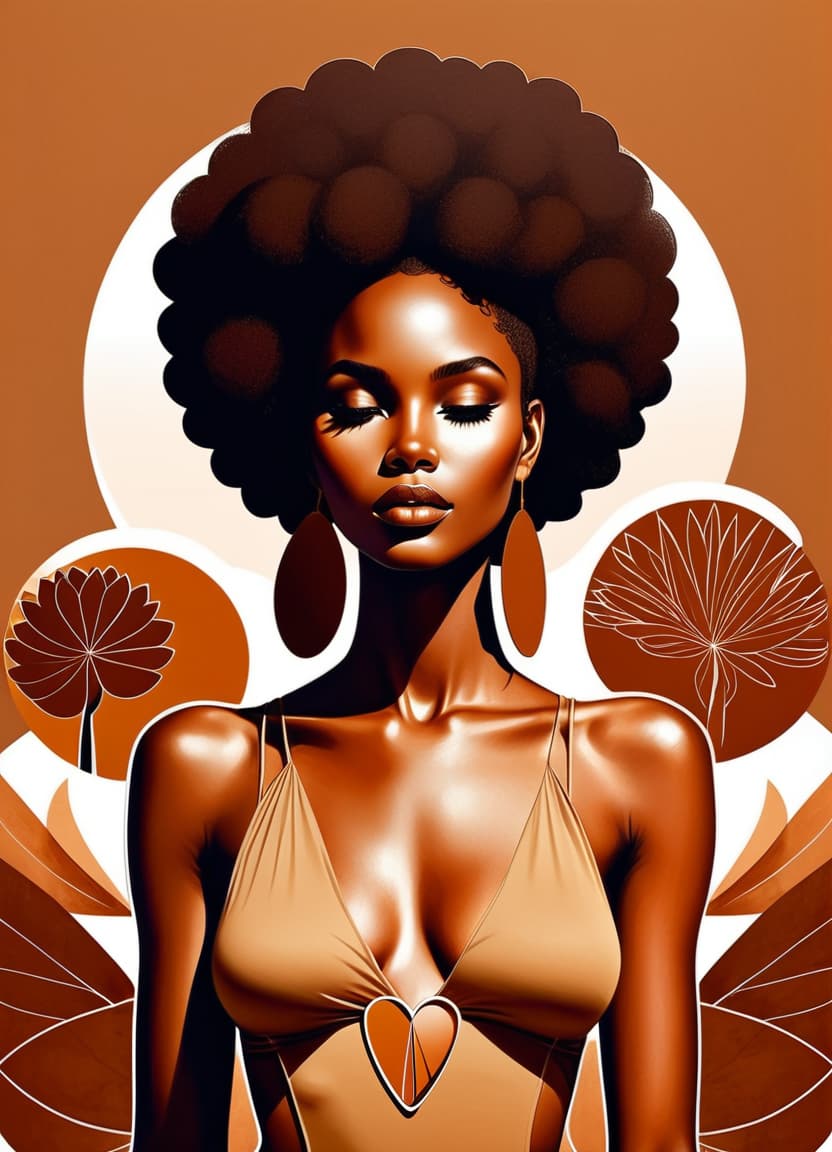  minimalism, a beautiful african woman with brown skin. with an afro. she wears a flowy brown outfit. she is a goddess. brown lotus flowers are around her, abstract, simple geometic shapes, hard edges, sleek contours, minimalism