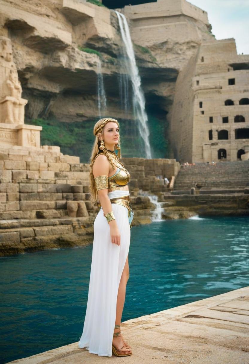  nautical themed full growth cosplay of an elf fit girl, a fair haired girl similar to dani daniels, she's wearing outfit in the mix of ancient egypt and rome style, beautiful earrings, twiggy makeup, a waterfall in the background. . sea, ocean, ships, maritime, beach, marine life, highly detailed, film photography style