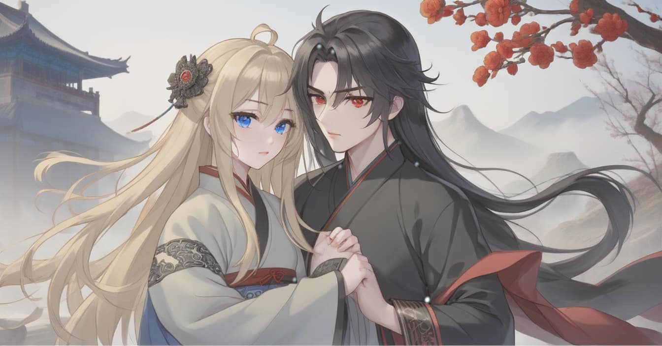  breathtaking realistic photo, two people, a character from the novel “system save yourself for the main hero”, lo binghe, a young man in black. long black hair to the waist, red eyes, demonic mark on the forehead, next to him a girl is blonde, blonde hair to the shoulder blades, european face type, light skin, blue eyes, plump lips, small tummy at the bottom at the waist ancient china, hugging . award winning, professional, highly detailed, hkmagic