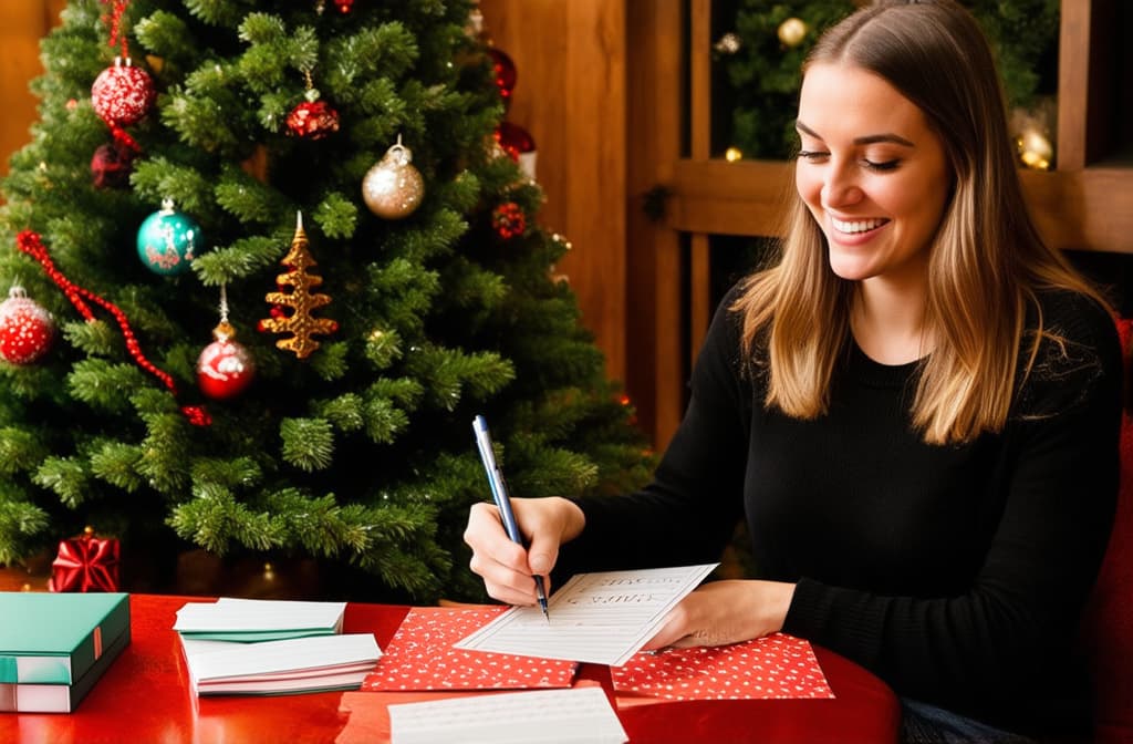  professional detailed photography, portrait of a smiling young woman writing christmas cards in front of tree. ar 3:2, (muted colors, dim colors, soothing tones), (vsco:0.3)