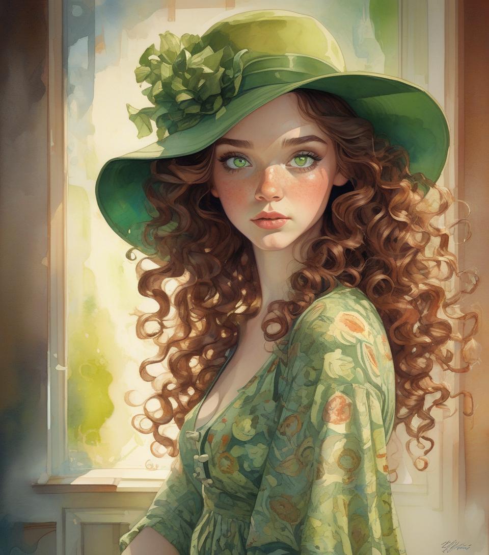  highly detailed, curly brown hair, green eyes, hat, printed dress, vivid colors, watercolor portrait, dramatic light, realistic, by alyssa monks, afarin sajedi, brian kesinger, thomas kinkade, pascal campion, craola.