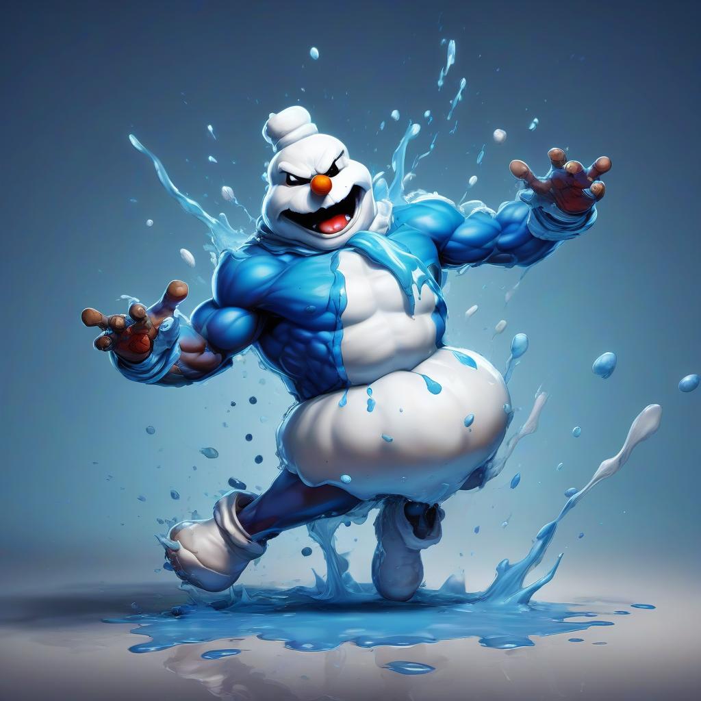  street fighter style an evil snowman in a blue t shirt is melting, under it is already a large puddle . vibrant, dynamic, arcade, 2d fighting game, highly detailed, reminiscent of street fighter series