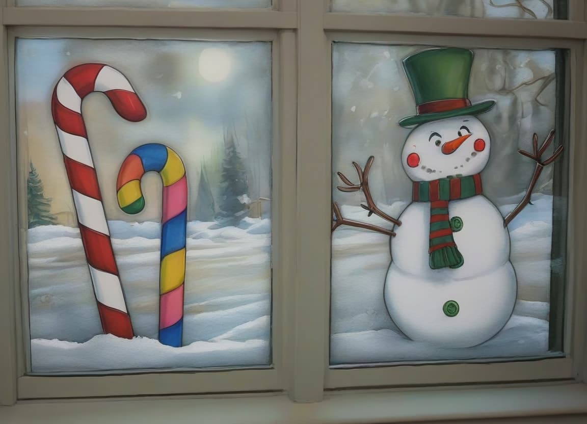  watercolor painting images of drawn paintings of christmas canes and snowman on the window, white light at sunny noon . vibrant, beautiful, painterly, detailed, textural, artistic