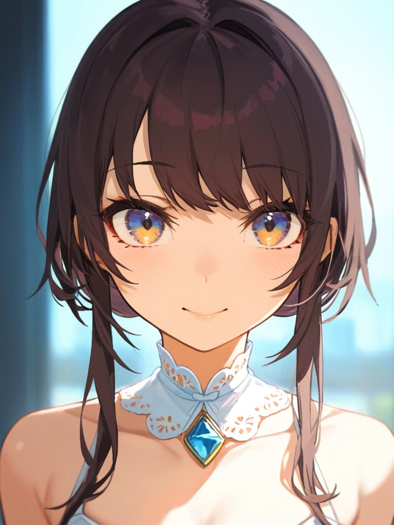  gentle illustration {clean beautiful girl:1.7}{dark brown hair:1.5}{shiny straight long hair:1.7}{half up:1.5}{gentle smile:1.5}{she is wearing a dress with white collar on dark blue background:1.7}{upper body} masterpiece,high quality,16k,super analysis