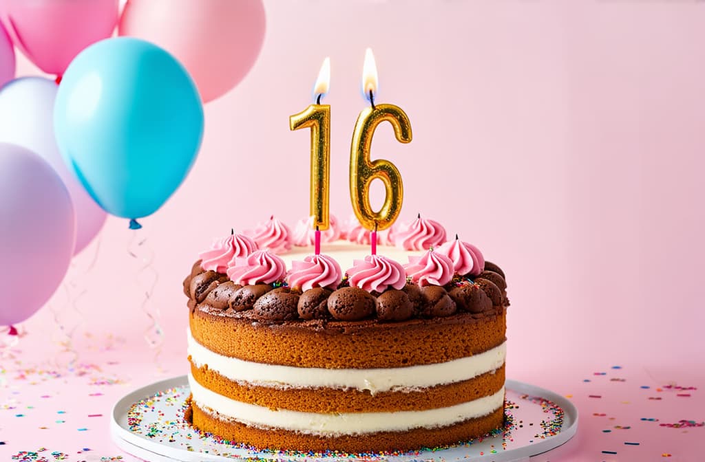  birthday cake with candles in shape of number 16 surrounded by balloons and confetti, pastel colors ar 3:2 {prompt}, maximum details