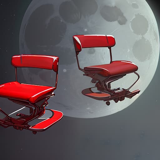  3 red chairs in zero gravity hover over the moon