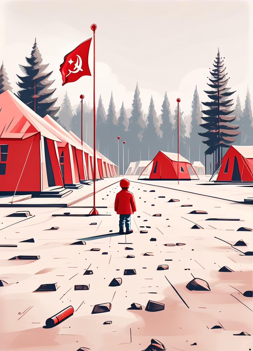  minimalist style children's camp in the ussr dati stands on the line in the square with red payers retro style sketch . simple, clean, uncluttered, modern, elegant