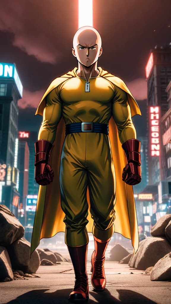  an anime art of saitama from one punch man contemplating his true identity as s rank no. 1 hero. hyperrealistic, full body, detailed clothing, highly detailed, cinematic lighting, stunningly beautiful, intricate, sharp focus, f/1. 8, 85mm, (centered image composition), (professionally color graded), ((bright soft diffused light)), volumetric fog, trending on instagram, trending on tumblr, HDR 4K, 8K