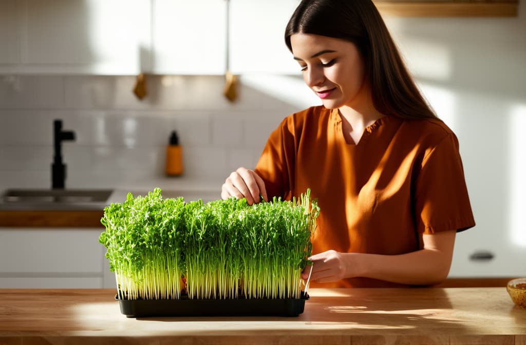  cinematic film style, woman seeding microgreens in plastic box, white modern kitchen ar 3:2, shallow depth of field, vignette, maximum details, high budget hollywood movie, bokeh, cinemascope, moody, epic, gorgeous, sun rays and shadows on furniture and surfaces, flattering light, raw photo, photography, photorealistic, 8k resolution, f1.4, sharpened focus, sharp focus