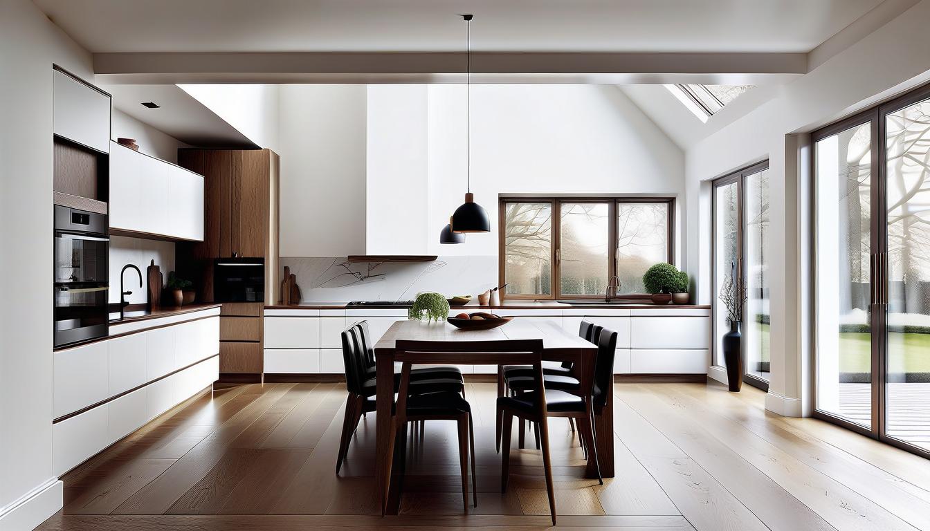  architectural style interior. kitchen. classic style. white walls, one wide window, floor oak, details chrome, dark oak, dining area. photo . clean lines, geometric shapes, minimalist, modern, architectural drawing, highly detailed