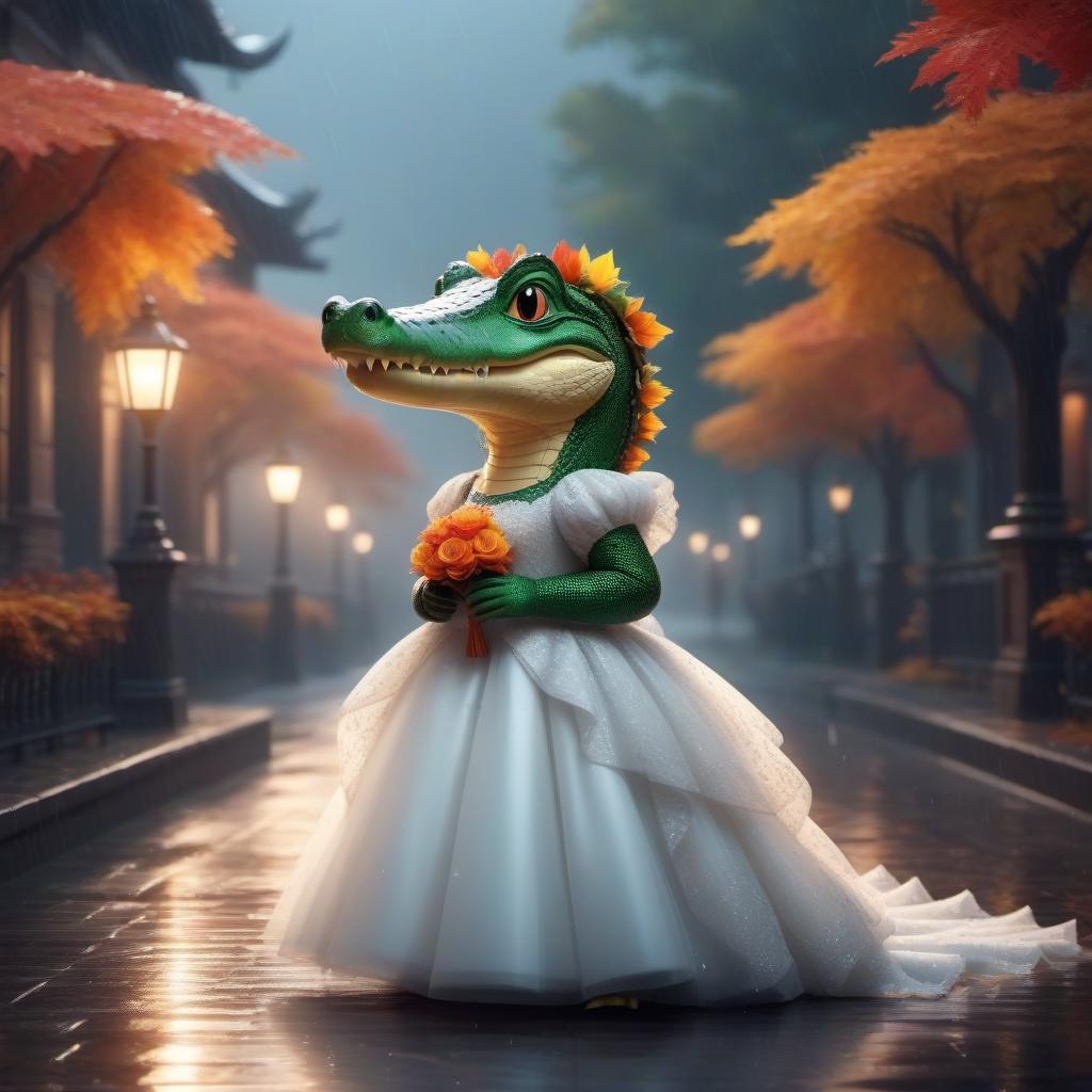  A cute cartoon crocodile in a wedding dress with beautiful makeup walks through the dark autumn streets in the rain, a bright dynamic picture in the style of kortoon, fantasy, digital animation, realistic, drawing details