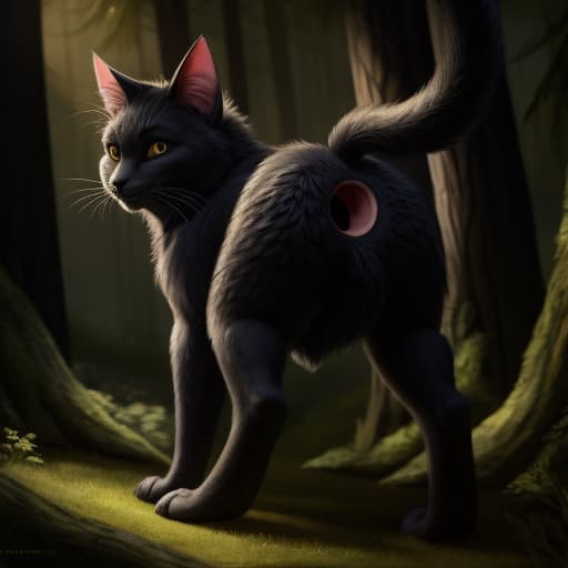  Monster, male, furry cat, open ass hole, black fur, dark forest, open eyes, digital art, masterpiece, 4k, fine details,