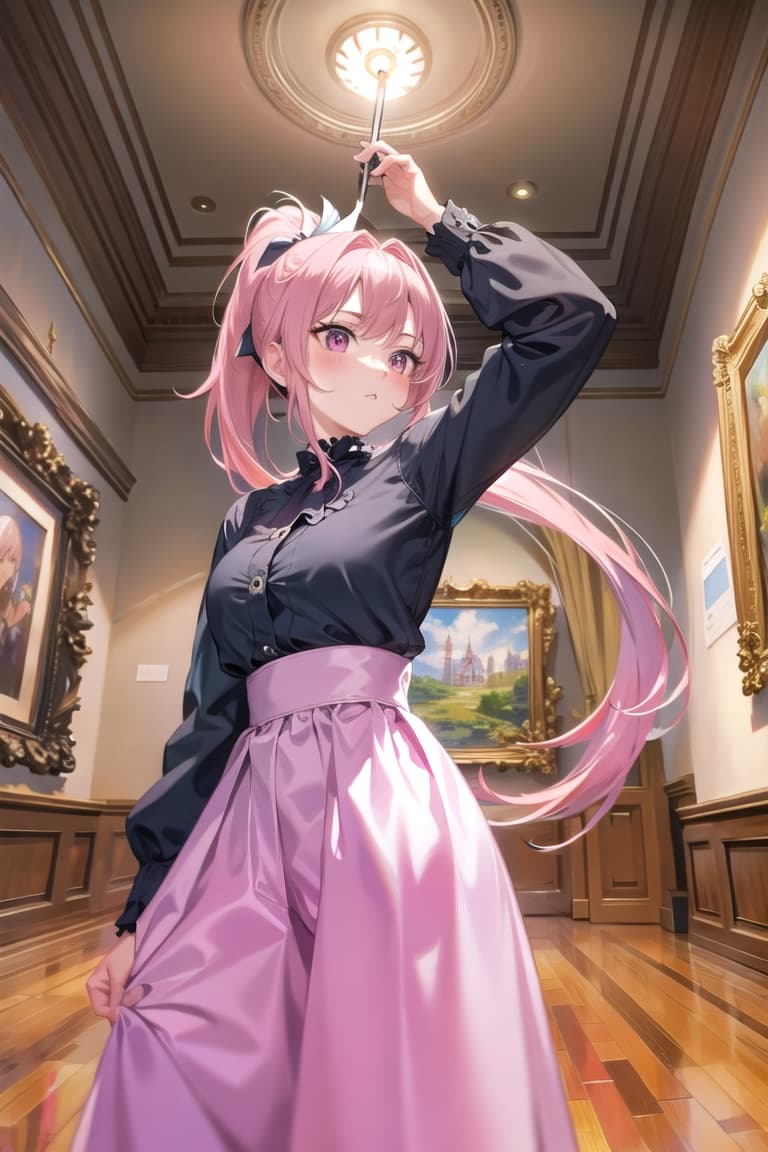  r 18, , middle , ,random situation, pink haired ,ponytail,large eyes,selfie in a art museum, thoughtful pose, chic outfit