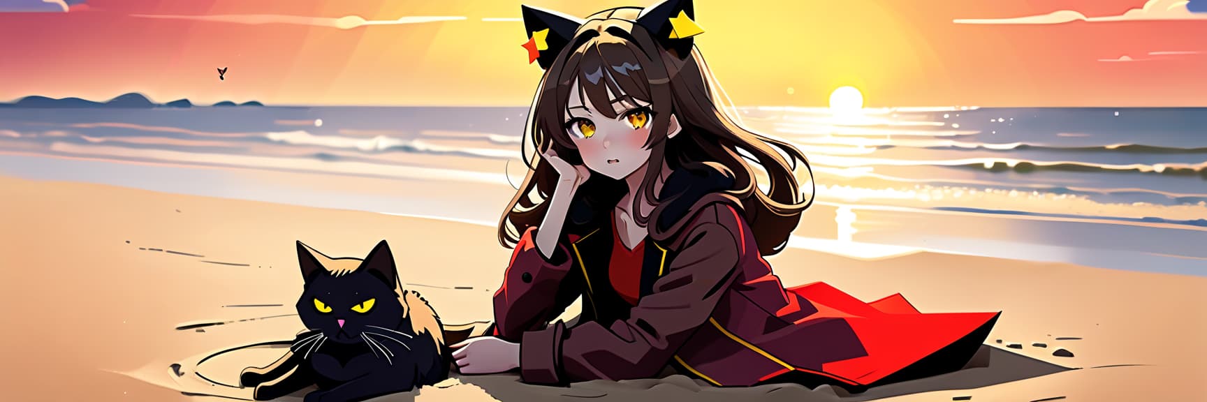  constructivist style an anime girl with cat ears sits on the sand of the beach. she has long dark brown hair, which flies slightly in the breeze. her face, with pronounced jewish and slavic features, radiates lively energy. brown eyes are full of deep emotions, as if reflecting the vast expanses of the ocean. she wears a bright yellow coat, which seems to shine, catching the eye and contrasting with the soft shades of the sunset. under her coat she wears a black shirt and black shorts are decorated with yellow elements, creating a stylish and dynamic look. a bright red sunset turns into night, and the bright red rays of the sun fall on the terrain and contrast with the night darkness. . geometric shapes, bold colors, dynamic composition, pr