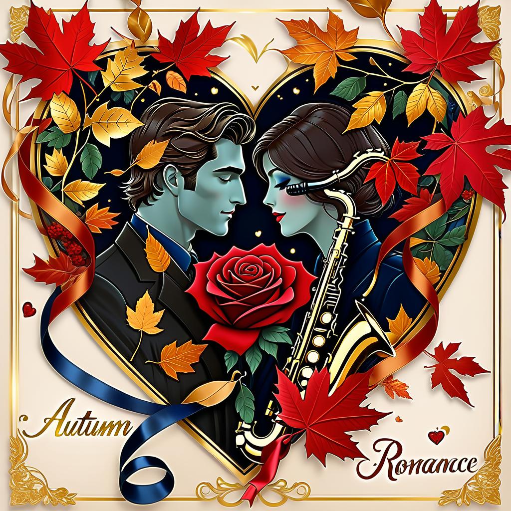  luxury product style (postcard background):falling autumn leaves, red roses, saxophone, satin ribbon, inscription "autumn romance" , retro, vintage, greeting card. autumn in the heart, (beautiful couple):man and woman, two faces in profile, heart scarlet rose (heart), beautiful figure of maple leaves outlines in the shape of a heart. (heart colour):night sky background, gold pattern. (style):fantasy, autumn art, autumn romance. (colours):gold, green gold, navy blue, red, red gold, brown gold, silver, golden blue, bluish blue. . elegant, sophisticated, high end, luxurious, professional, highly detailed