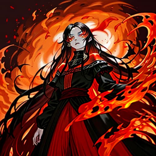   covered with fire, bright red skin, black long hair, orange eyes, medieval clothes