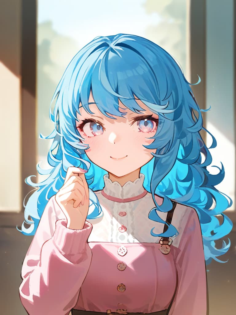  masterpiece (light colored illustration:2.0)(pink and light blue hair color:2.0)(long fluffy curly hair:2.0)(beautiful girl:1.5)(smiling)(in a cute long sleeved dress:1.5)(in pale sunlight)high quality,8k,super analysis