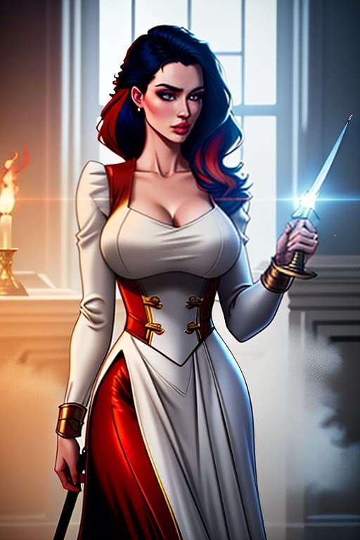  the young woman is aristocrat with a fire fighting hair. he holds a sword in front of him, opened with a flame at a chest level. ready for attack. dressed in a dress. the back is dark. hyperrealistic, full body, detailed clothing, highly detailed, cinematic lighting, stunningly beautiful, intricate, sharp focus, f/1. 8, 85mm, (centered image composition), (professionally color graded), ((bright soft diffused light)), volumetric fog, trending on instagram, trending on tumblr, HDR 4K, 8K