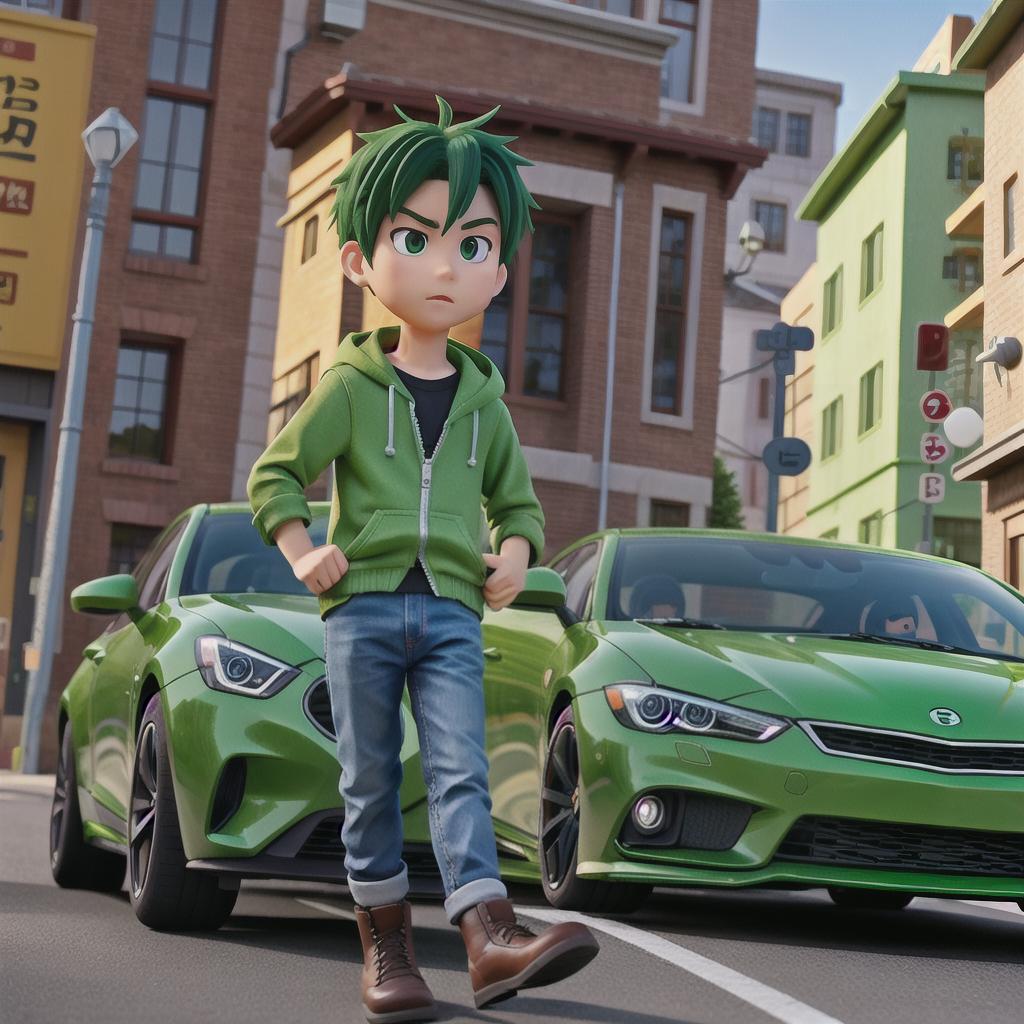  guy in green clothes and in dark eyes, by the car, anime artwork, anime style, key visual, vibrant, studio anime, highly detailed