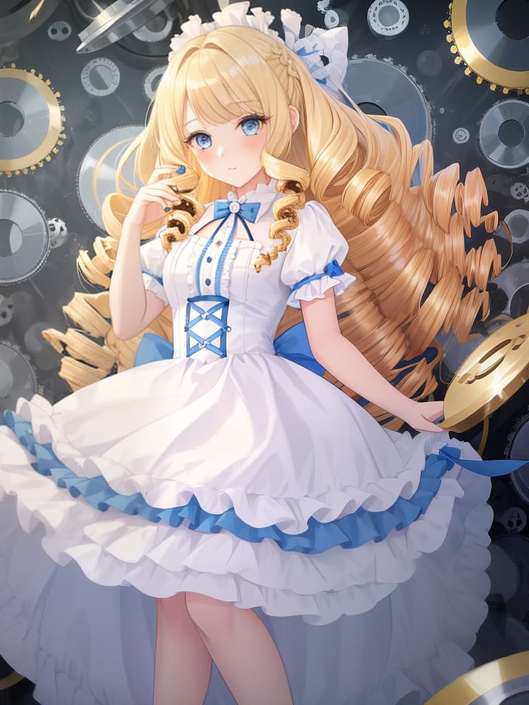  ((drilled hair:1.4)){cute girl,blonde hair,blue eyes,((drilled hair:1.4)),wearing white frilly dress},super detailed,high resolution,absurd,adopted,