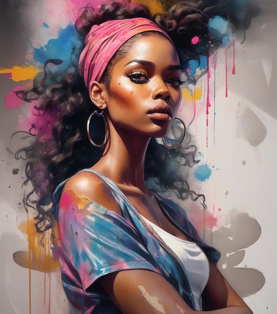  beautiful black women paintings, pretty much beautiful face, hip hop, soulful, avant garde, queen of the streets, check it out, ultra detailed paintings inspired by wlop, art station trends, fantasy art, a complicated mess, the art of hitting, wallop art, wlop |, wallop style, beautiful character drawings, wlop painting style, wlop | germ of art, unparalleled beauty tumbler, figurative art, intense watercolor, watercolor detailed art, watercolor splash, surreal, avant garde pop art, beautiful and expressive paintings, beautiful artwork illustration, very colorful tones, wonderful, cool beauty, masterpiece, highest quality, official art, women only, sharp outline, best shot, vector art, written by sandra chevrier, dave mckean、by richard av